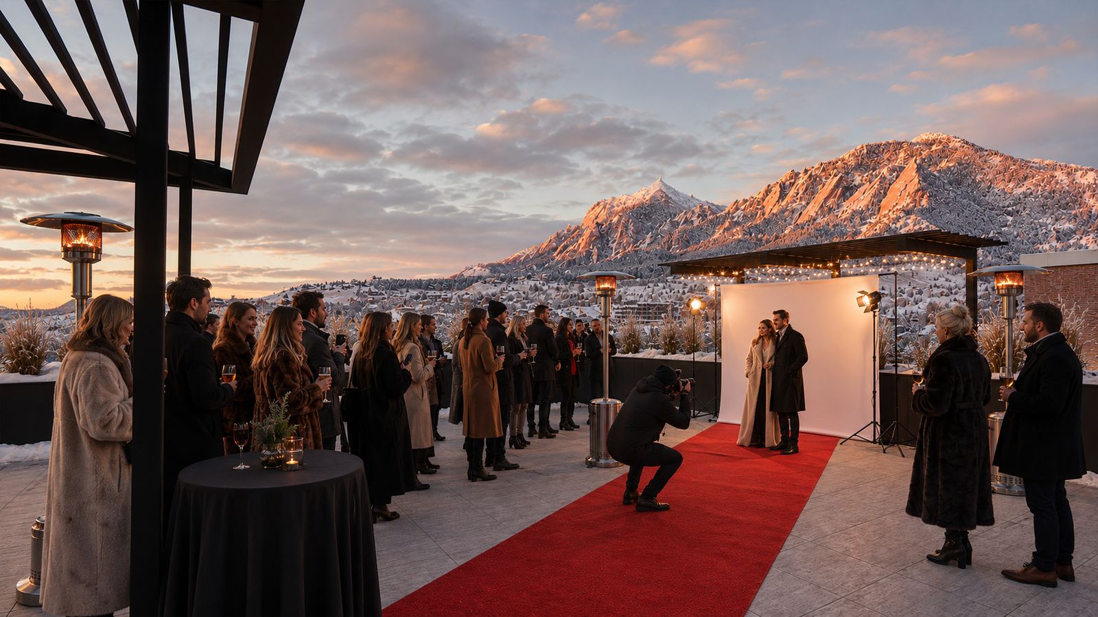 Red carpet and step-and-repeat on the VUE/boulder rooftop at dusk, with alpenglow on the snowy Flatirons behind.